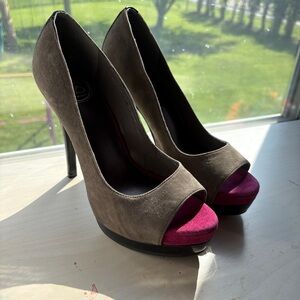 Elegant Peep-Toe Heels in Taupe and Fuchsia